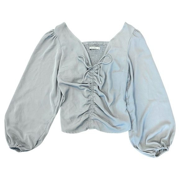 Abercrombie & Fitch Cinched Tie Front Balloon Sleeve Blouse Gray Women’s Small - Picture 2 of 5